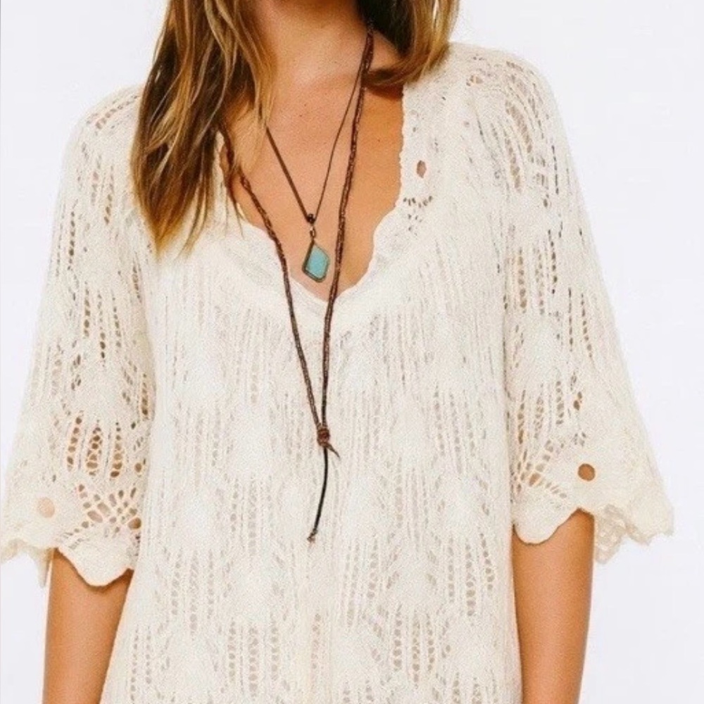 Free People Size S/P Crochet Lace Tunic Sweater Delicate Wool Angora Cream